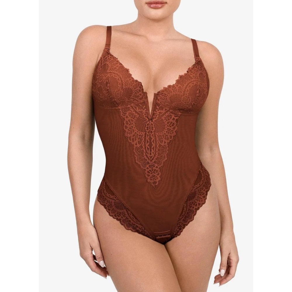 NEW Popilush XL Rust Lace‎ Shapewear Bodysuit Terracotta Deep V-Neck Lingerie